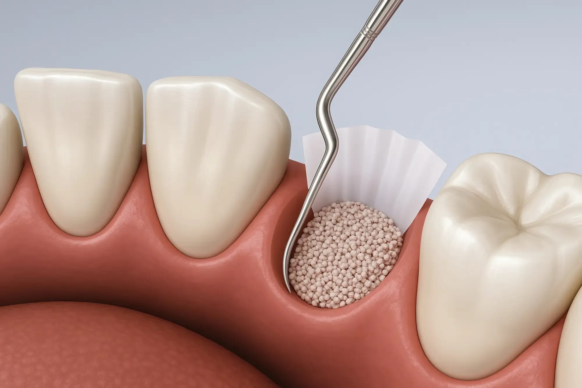 3D illustration of a dental instrument packing granular bone graft material into an empty tooth socket